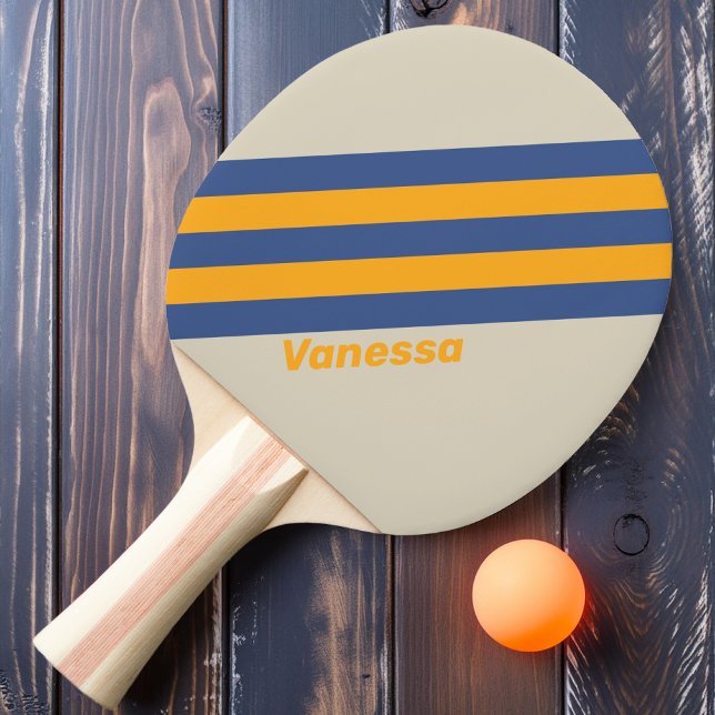 Raquette De Ping Pong Bleu rétro Crush Sunset Stripes avec nom (Créateur téléchargé)