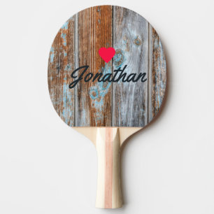 Raquette De Ping Pong Bleu Usé Lavage Bois Vintage Coeur Signature
