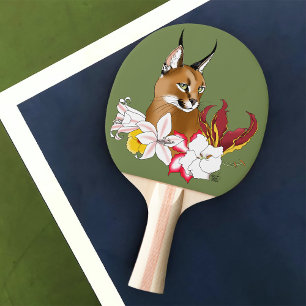 Raquette De Ping Pong Caracal Élégant Chat Sauvage Lis Floral Vert