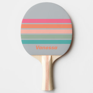 Raquette De Ping Pong Charme Vintage Lilas sur Fond Rayé avec Nom