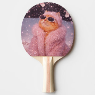 Raquette De Ping Pong Chat Glam Money en manteau de fourrure rose et lun