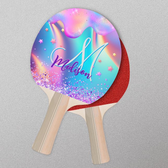 Raquette De Ping Pong Chic holographique monogramme de parties scintilla (Créateur téléchargé)