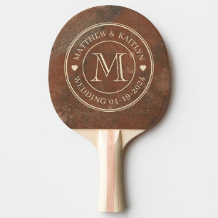 Raquette De Ping Pong Cœur de monogramme de mariage en grès brun