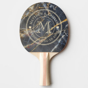 Raquette De Ping Pong Cœur de monogramme de mariage en marbre noir et pi