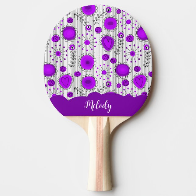 Raquette De Ping Pong Coeurs blancs violet blanc Whimsical fleurs nom fl (Devant)