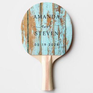 Raquette De Ping Pong Couple en bois bleu avec date de mariage