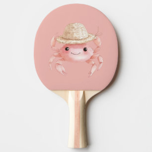 Raquette De Ping Pong Crabe souriant rose mignon de la plage avec chapea
