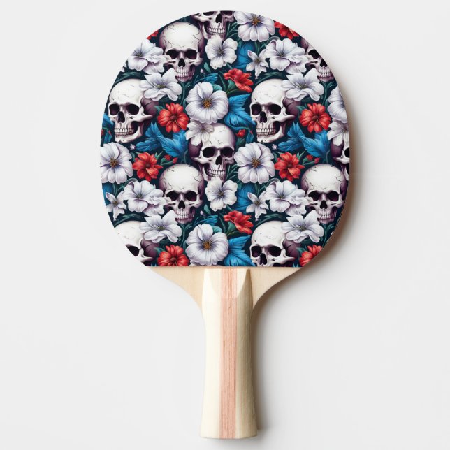 Raquette De Ping Pong Crânes à fleurs rouges et blanches (Devant)