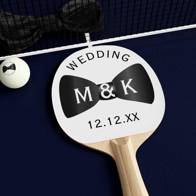Raquette De Ping Pong Cravate mariage Bow Ping Paddle personnalisé Ping  (Add your initials and wedding date to this black and white ping pong paddle)