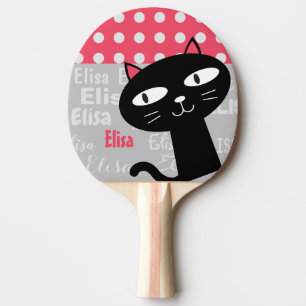 Raquette De Ping Pong Cute Chat Noir Pois Rose Ajouter Votre Nom