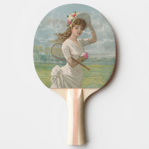 Raquette De Ping Pong Dame de tennis victorienne avec chapeau à fleurs A