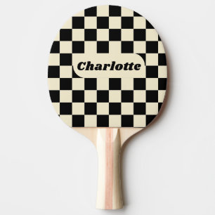 Raquette De Ping Pong Damier Noir & Crème avec Nom