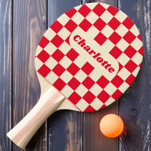Raquette De Ping Pong Damier Rouge & Crème avec Nom