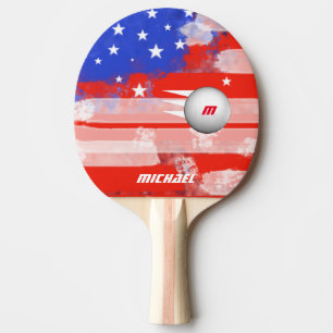 Raquette De Ping Pong drapeau américain avec balle & nom, cool