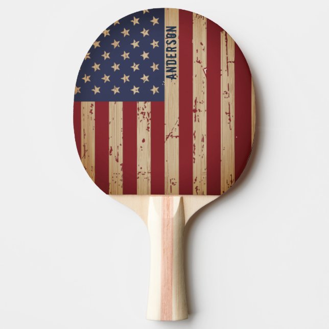 Raquette De Ping Pong Drapeau américain en bois rustique personnalisé (Devant)