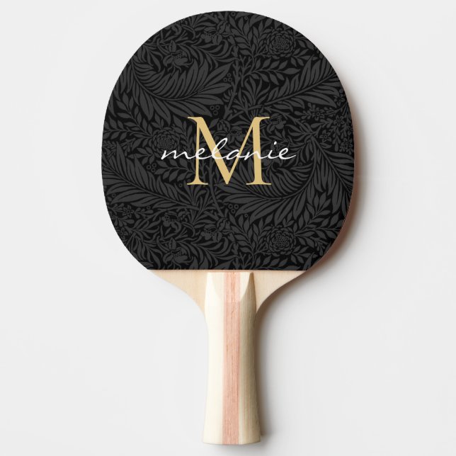 Raquette De Ping Pong Élégant BlacK Floral Gold Script Monogramme (Devant)