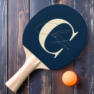Raquette De Ping Pong Élégant Monogramme Bleu de Mer Profond de Style Mo