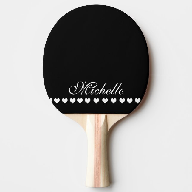 Raquette De Ping Pong Élégant Monogramme Coeurs blancs Noir (Devant)