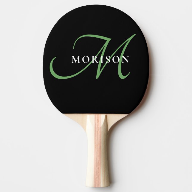 Raquette De Ping Pong Élégant Monogramme moderne noir vert Script (Devant)