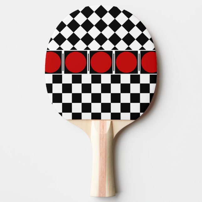 Raquette De Ping Pong Elégant noir blanc demi-diamant Checkers bande rou (Devant)