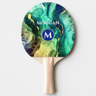 Raquette De Ping Pong Encre liquide jaune bleu, monogramme et nom