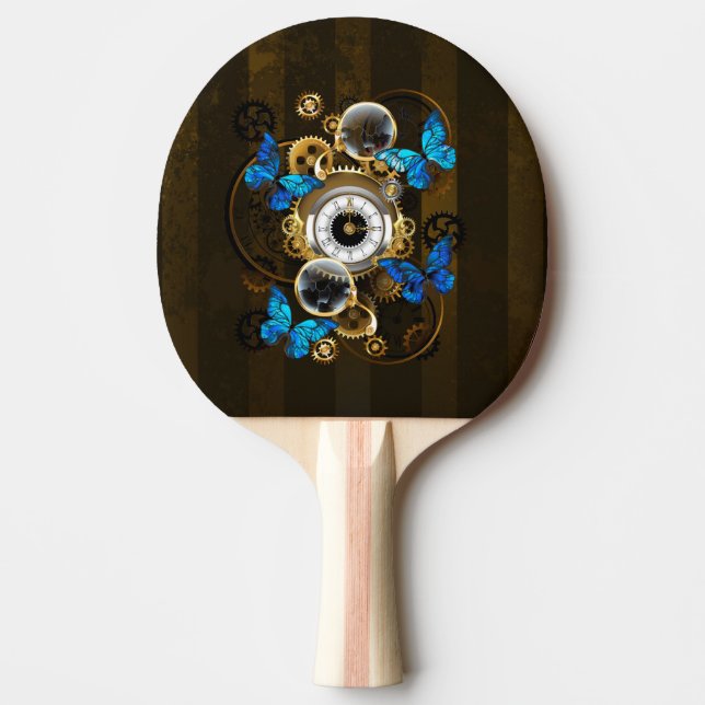 Raquette De Ping Pong Engrenages à vapeur et papillons bleus (Devant)
