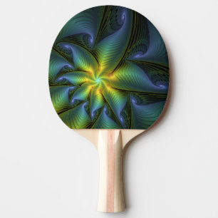 Raquette De Ping Pong Etoile Abstraite, Bleu brillant Vert Or Fractal Ar