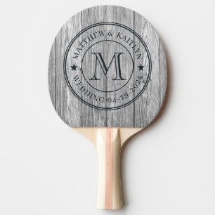 Raquette De Ping Pong Étoile de monogramme de mariage en bois gris foncé