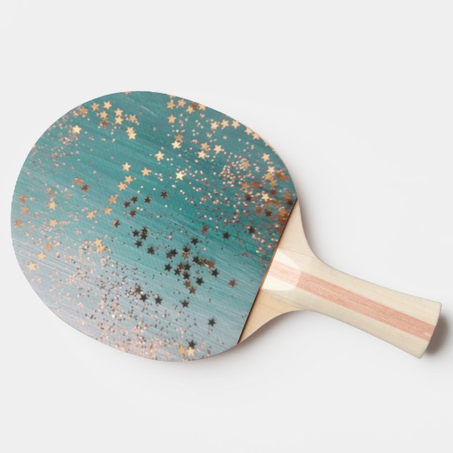Raquette De Ping Pong Étoiles d'or chatoyantes sur Turquoise  (Côté)