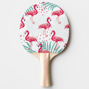 Raquette De Ping Pong Flamingo tropical et feuille, motif d'été.