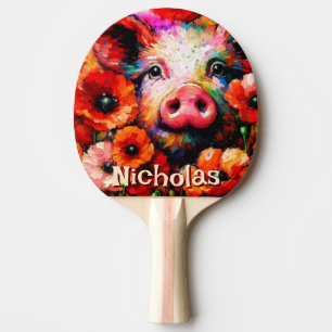 Raquette De Ping Pong Fleurs de cochon rouge impressionniste Personnalis