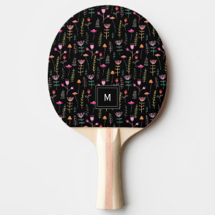 Raquette De Ping Pong Fleurs sauvages de néon sur noir,