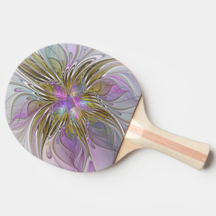 Raquette De Ping Pong Floral Coloré Abstrait Fractal Avec Rose & Or