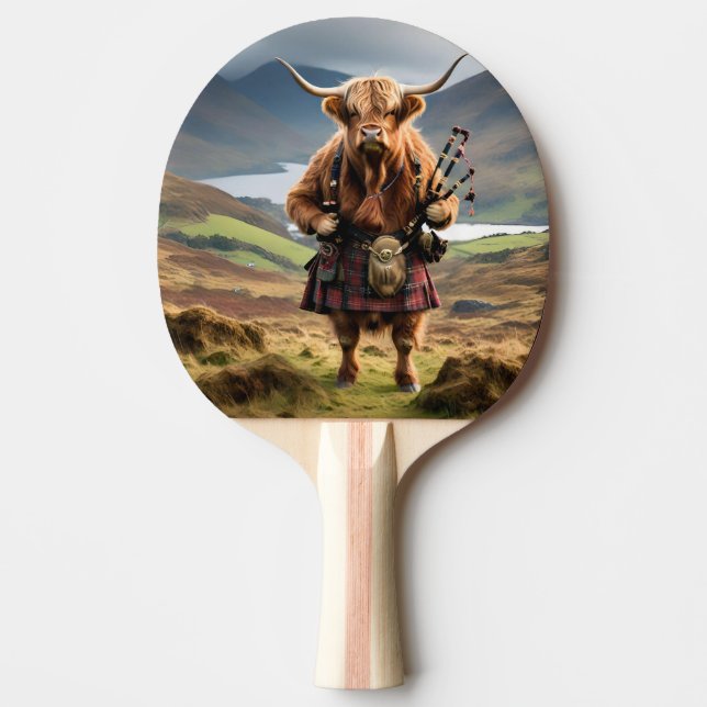 Raquette De Ping Pong Funky Scottish Highland Cow Bagpiper, (Devant)