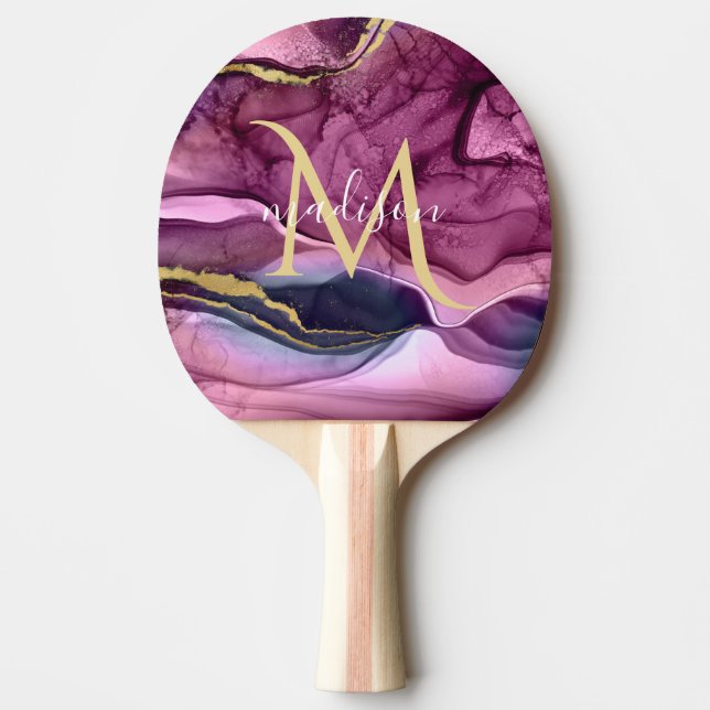 Raquette De Ping Pong Géode d'âge monogramme violet rose et or (Devant)