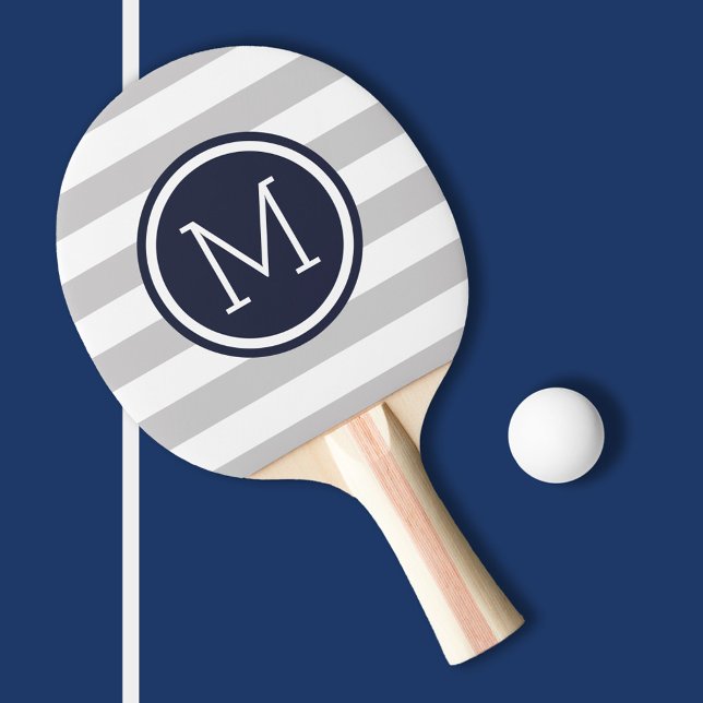 Raquette De Ping Pong Gris et rayures Preppy de la marine Monogramme (Créateur téléchargé)