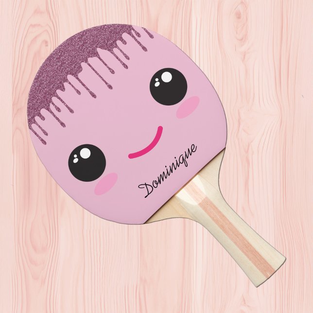 Raquette De Ping Pong Happy Kawaii Face Faux Glitter Customizable Name  (Créateur téléchargé)
