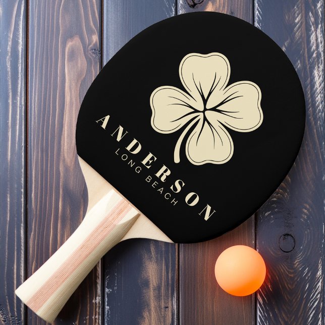 Raquette De Ping Pong Irlandais Lucky Four Leaf Clover avec nom noir (Créateur téléchargé)