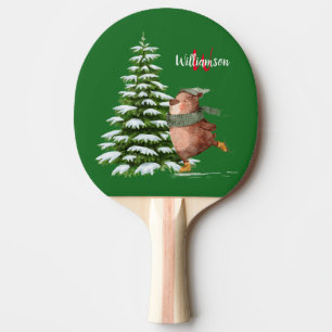 Raquette De Ping Pong Joyeux Noël Monogramme Nom Ours d'arbre 