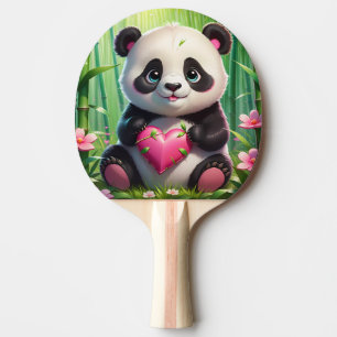 Raquette De Ping Pong Kawaii Panda tient le coeur dans une forêt de Bamb