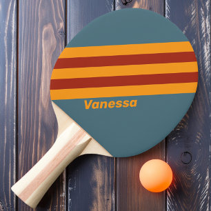 Raquette De Ping Pong Lever de soleil rétro sur rayures de gris avec nom