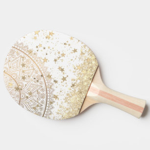Raquette De Ping Pong Mandala envoûtant avec des étoiles d'or sur blanc