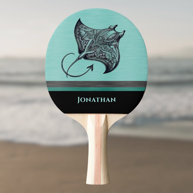 Raquette De Ping Pong Manta Ray on Teal Faux Brushed Metal Monogrammed (Créateur téléchargé)