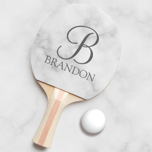 Raquette De Ping Pong Marbre blanc de script personnalisé Monogramme et