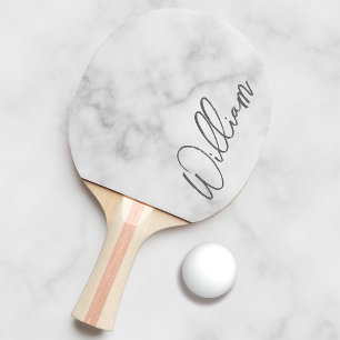 Raquette De Ping Pong Marbre blanc Modern Script Nom personnalisé