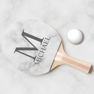 Raquette De Ping Pong Marbre blanc Monogramme personnalisé et nom