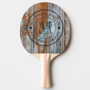 Raquette De Ping Pong Mariage Bois Lavage Bleu Usé Monogramme Cœur