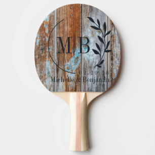 Raquette De Ping Pong Mariage Monogramme Bois Feuille Bleu Usé Lavé