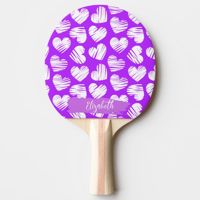 Raquette De Ping Pong Moderne violet blanc Doodé Coeur Valentine Nom (Devant)
