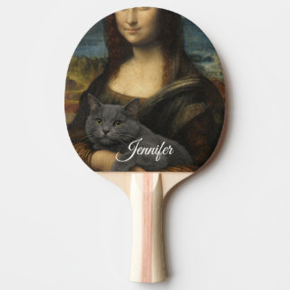 Raquette De Ping Pong Mona Lisa tenant un élégant chat gris